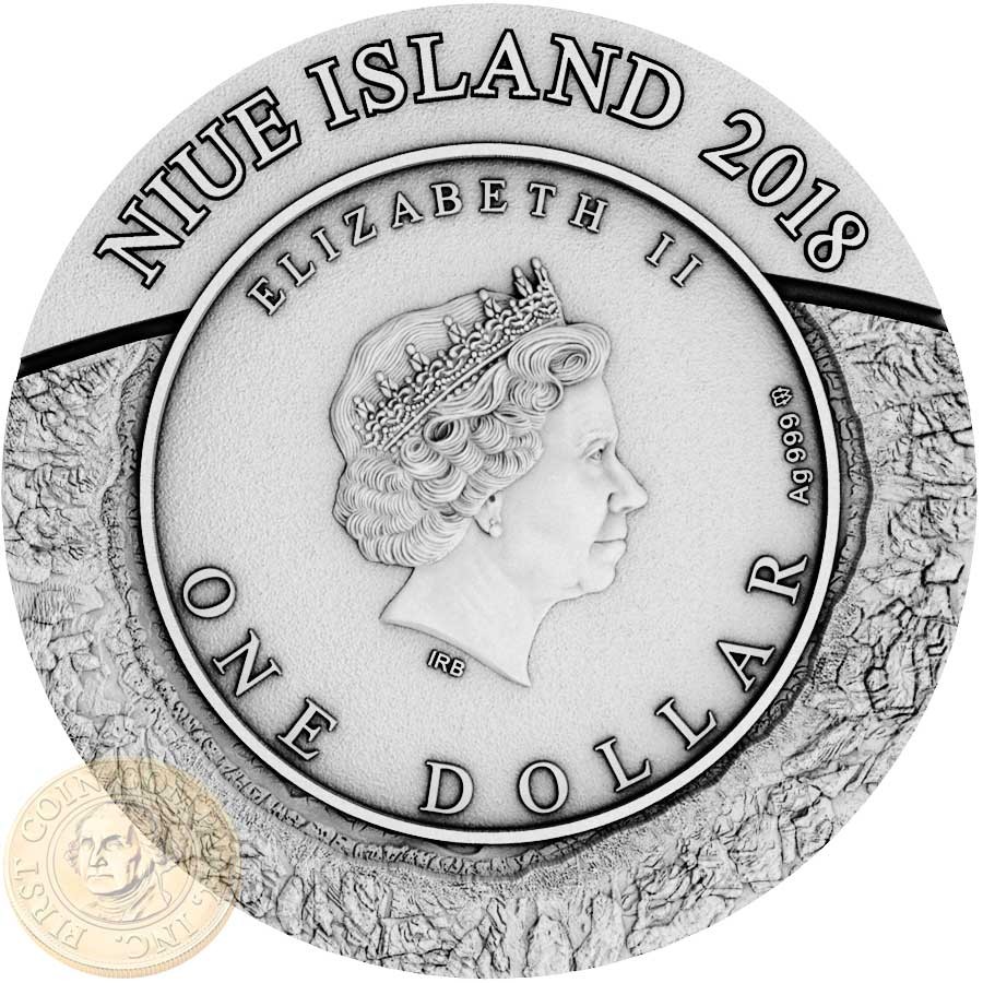 Niue Island SPACE MINING $1 Silver coin 2018 REAL CHONDRITE METEORITE NWA 869 Antique finish Ultra High Relief 1 oz
